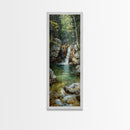 Framed Canvas Print Skinny Art of a Serene Waterfall Cascading into a Tranquil Pool in a Lush Forest Landscape, Perfect Tall Art for Nature Lovers