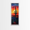 Desert Landscape with Saguaro Cactus Silhouette Against a Fiery Sunset on a Framed Canvas Print Skinny Art Piece
