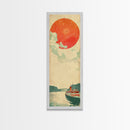 Large Red Sun Over River, Japanese Art Inspired by Ukiyo-e, Framed Canvas Print for Tall Skinny Wall Spaces