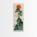 Bonsai Tree Mountain Red Sun Japanese Tall Wall Art Skinny Framed Canvas Print Ukiyo-e Style