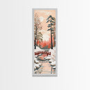 Serene Japanese Winter Landscape Highlighting A Red Bridge Snow-Covered Pines Under A Peaceful Sky Tall Framed Canvas Print Nature Scene