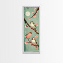 Delicate Sparrows Perched On Cherry Blossoms Under Full Moon Serene Nighttime Setting Captured Tall Framed Canvas Print Nature Scene