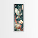Majestic Eagle Japanese Art Skinny Wall Art Framed Canvas Print Soaring Above Lotus Flowers in Serene Water Scene