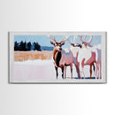 Elk in Snow, deer drinking water in forest painting, wildlife art, moody painting, rustic decor, landscape painting, canvas print