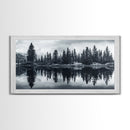 Pine tree reflection, moody art, mountain painting, pine tree art, rustic decor, panoramic art, extra wide art, framed canvas print