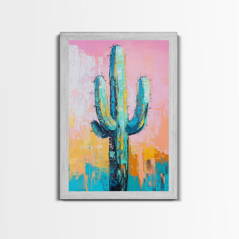 Abstract Cactus Painting, Boho Desert Art, Pink Green Wall Art, Southwest Wall Decor, Framed Canvas Print, Bold Colorful Art