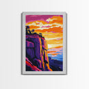 Mountain Cliffs, Southwest Sunset, Canyon Painting, Framed Canvas Print, Pink Orange Wall Art, Joshua Tree Art, Panoramic Art