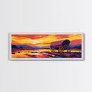 Wagon at Sunset, pink orange wall art, rustic decor, mountain painting, panoramic art, extra wide art, Framed Canvas Print, gift idea