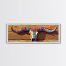 Painted Skull, bull and bear art, rustic decor, extra wide art, southwest wall art, pink orange wall art, framed canvas print