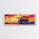 Sunset Wagon Wheel, pink orange wall art, bold color art, boho art, panoramic painting, extra wide art, framed canvas print, landscape painting