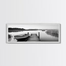 Boat On Dock, Nautical Wall Art, Framed Canvas Print, Coastal Landscape Art, Rustic Decor, Extra Wide Art, Minimalist Art, Bedroom Art