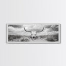 Longhorn Skull, skull art, western wall art, rustic decor, moody art, desert painting, farmhouse art, panoramic art, framed canvas print