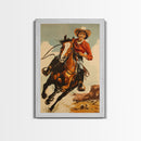 Vibrant Cowgirl Riding a Horse in Western Landscape | Framed Canvas Print | Western Wall Art | Living Room Decor | Rustic Home Decor