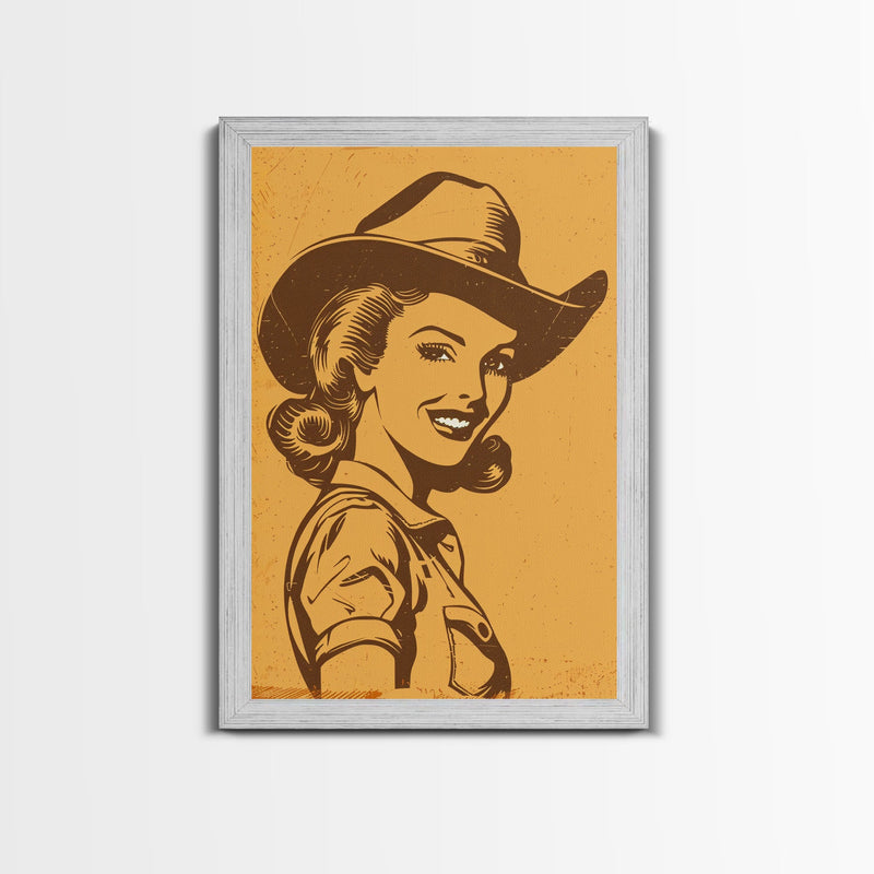 Smiling Retro Cowgirl in Hat Illustration Framed Canvas Print Vint