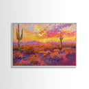 Desert Cactus Sunset Painting Framed Canvas Print, Western Decor, Southwest Wall Art, Arizona Painting, Landscape Painting, Farmhouse Decor