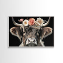 Framed Highland Cow With Flowers Painting canvas print Farmhouse art Cattle Wooden background Country wall art Cow print Rustic Wall Art