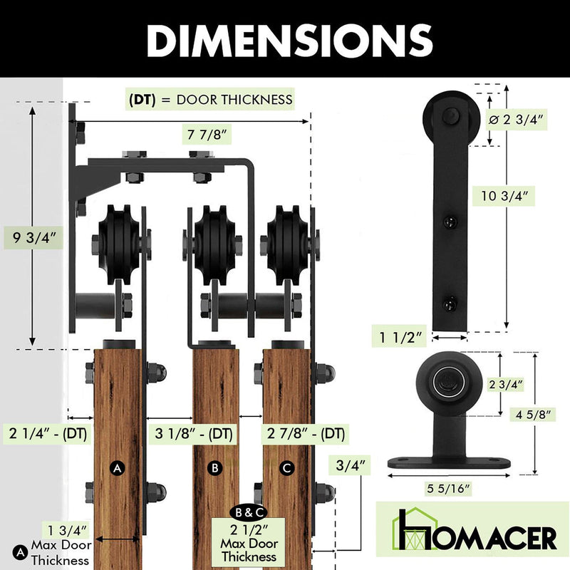 Black Rustic Triple Track Bypass Sliding Barn Door Hardware Kit - Straight Design (for Door Thickness 1-3/8in ~ 1-3/4in)