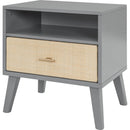 Queen Size Solid Wood Bed Frame with 2 Nightstands, Elegant Design with Lamps, Rattan and Wood Combination,Gray