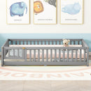 Full Size Bed Floor Bed with Safety Guardrails and Door for Kids, Gray