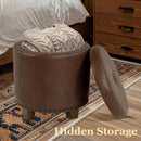 Round Storage Ottoman With Nailhead-Trim Brown Faux Leather