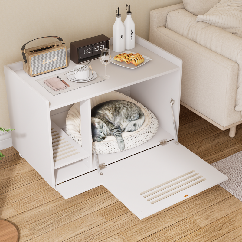 White Cat Litter Box Enclosure,Hidden Litter Box Furniture with top si