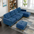 Elegant Convertible L-Shape Sectional Sofa Couch with Movable Ottoman, Velvet Upholstery, Blue