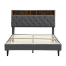 Modern Upholstered King-Size Platform Bed Frame with Button-Tufted Linen Headboard and USB Ports, Dark Grey