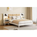 Queen Size Solid Wood Bed Frame with 2 Nightstands, Elegant Design with Lamps, Rattan and Wood Combination,White