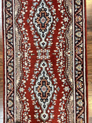 Indo Persian Runner Rug 2.8 x 14.8, Long Indo Kirman Hallway Rug, Red Floral Wool Vintage Handmade Oriental Runner