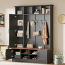 ON-TREND Versatile 3-in-1 Hall Tree with 6 Hooks, Farmhouse Walnut Storage Bench with Adjustable Shelves, 55'W Modern Entryway Coat Rack with Multiple Storage Space for Mudroom, Living Room, Black