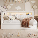 Upholstered Twin Size Platform Bed with USB Ports and LED Belt, With Trundle, White
