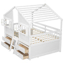 Full Size House Loft Bed with Roof, Windows,4 Storage Drawers,Pine Wooden Bed with Safety Guardrails,Ladder,White
