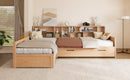 Twin Size Wooden L Shaped Daybed with Under-bed Trundle and Storage Drawer, Versatile Corner Bed Frame with Bookcases for 3, Natural