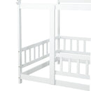 Twin Size House Floor Wooden Bed with Roof Frame,Safety Guardrails,White