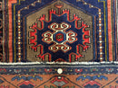 Persian Rug 3x6, Geometric Medallion, Village Tribal Rug, Terracotta and Navy Blue, Antique Nahavand Hamadan Rug