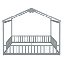 Double Twin House-Style Floor Bed with Fence, Guardrails, without door, Grey(Old Sku:W504P143316)