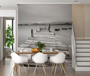Misty Lake View Boat on Pier Black and White Mural Wall Decal Sticker