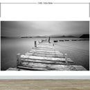 Misty Lake View Boat on Pier Black and White Mural Wall Decal Sticker