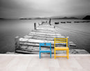 Misty Lake View Boat on Pier Black and White Mural Wall Decal Sticker