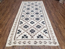 Semi Antique South American Blanket 4x8, Wool Hand-Woven Flatweave Kilim Rug, Handmade Antique Vintage Runner, Ivory & Blue, Diamond Panel