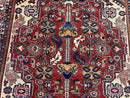 Antique Persian Heriz Rug 8x12 ft, Geometric Tribal Room Sized Carpet, Camel Hair Red Navy Blue, Wool Hand Knotted Medallion Oriental Carpet