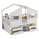 Full Size House Loft Bed with Roof, Windows,4 Storage Drawers,Pine Wooden Bed with Safety Guardrails,Ladder,White