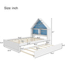 Full Size House-Shaped Bed with Bookcase Headboard and Led Light and Twin Size Trundle for Kids Boys Girls, Blue+ White