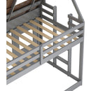 Cozy and Fun Wood Twin Size House Bunk Bed with Window Roof Shape Design with Ladder and Climbing Ramp, Brown+Gray