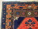 Persian Rug 3x6, Geometric Medallion, Village Tribal Rug, Terracotta and Navy Blue, Antique Nahavand Hamadan Rug