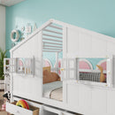 Full Size House Loft Bed with Roof, Windows,4 Storage Drawers,Pine Wooden Bed with Safety Guardrails,Ladder,White