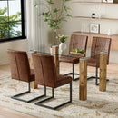 Table and chair set.A 49.6*30 Inch Transparent Tempered Glass Dining Table With Wood Grain MDF Legs.Paired With 4 Ergonomic Brown Technology Fabric Dining Chairs,Black Metal Legs.