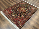 Antique Persian Sarouk Rug 4x5, Dark Blue and Red, Floral Medallion, Fine