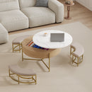 Modern Round Lift-Top Coffee Table with Storage & 3 Ottoman White & Natural