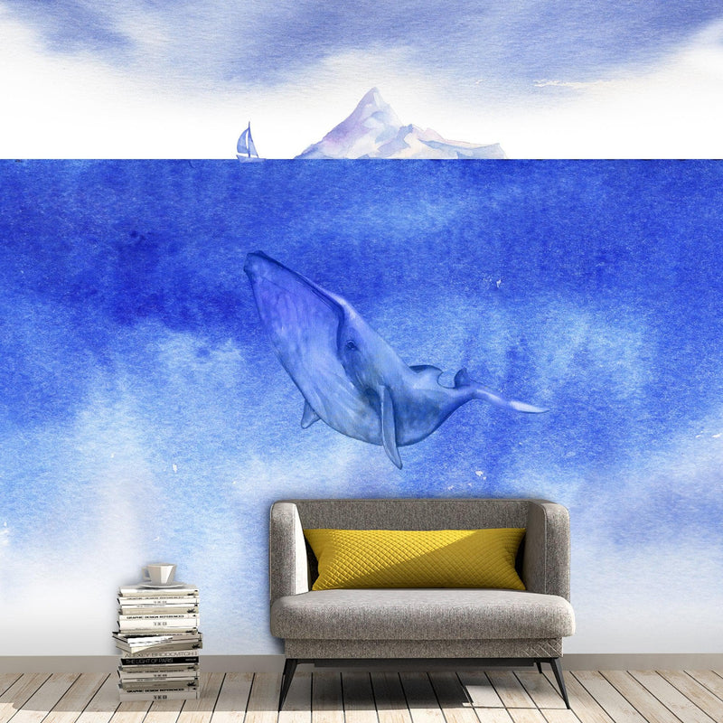 Whale in Ocean Wall Mural. Watercolor artwork of whale, island and sailboat. Peel and Stick Wallpaper.